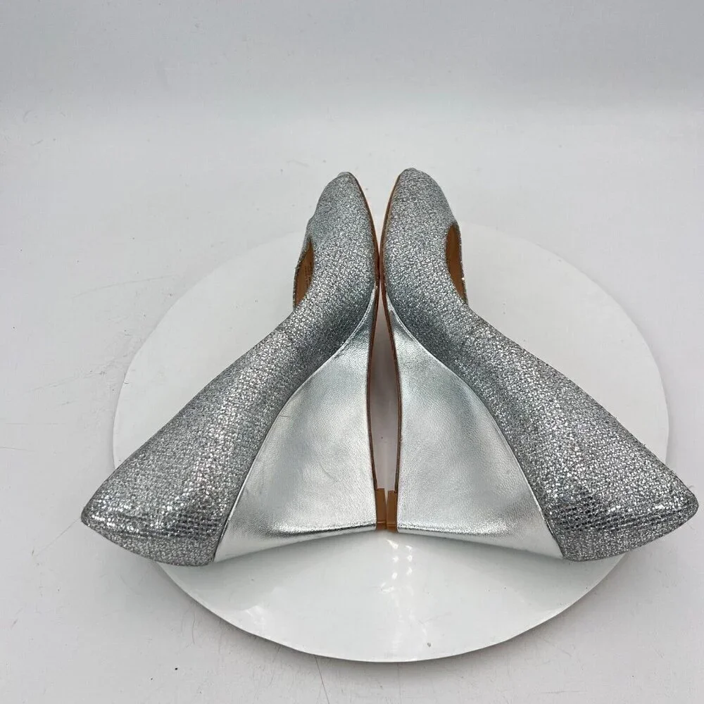 Badgley Mischka Women Size 9 Metallic Silver Glitter Open Toe Wedges Shoes